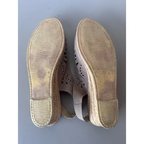 Spring Step Women's 40 Slingback Wedge Sandals Beige Leather Peep Toe Italy - Picture 4 of 7